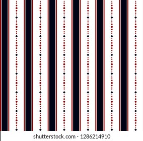 Stripe and dots pattern with blue,red and white colors vertical parallel stripes.Vector abstract background.
