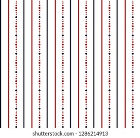 Stripe and dots pattern with blue,red and white colors vertical parallel stripes.Vector abstract background.