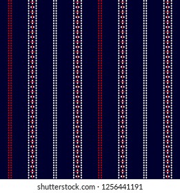 Stripe and dots pattern with navy blue,red and white colors vertical parallel stripes.Vector abstract background.