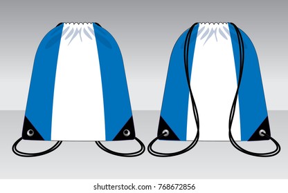Stripe Drawstring Bag Design Blue/White Colors Vector.Front And Back Views.