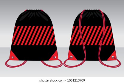 Stripe drawstring bag design red/black colors and graphic lines vector.Front and back views.