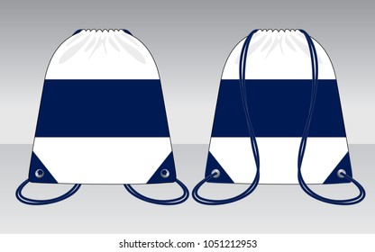 Stripe drawstring bag design white/navy colors vector.Front and back views.