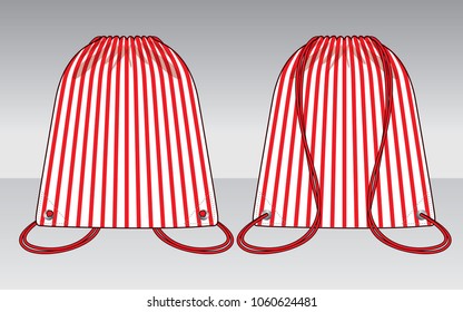 Stripe drawstring bag design with 
white/red colors.Front and back views.