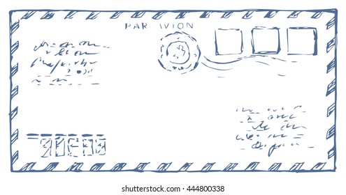 Stripe envelope isolated on white backdrop. Freehand outline ink hand drawn picture sketchy in art scribble retro graphic style. Closeup front view with space for text