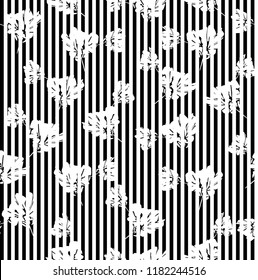 Stripe and Floral seamless pattern with different flowers silhouettes.Botanical illustration hand painted.Textile print, fabric swatch.vector abstract background.