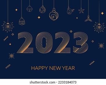 Stripe Funky 2023 Number With Doodle Baubles, Bell, Reindeer Face, Star, Holly Berry Hang On Blue Background.