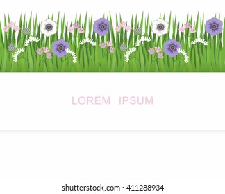Stripe of grass, grass and flowers. Pattern for a banner with grass and flowers