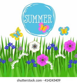 Stripe of grass, grass and flowers. Pattern for a banner with grass and flowers and butterflies