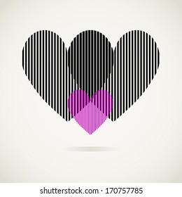 Stripe heart on white backdrop with shadow, Vector Illustration, Abstract heart, Love symbol, Romantic background