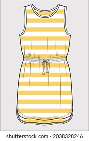 STRIPE KNIT DRESS WITH ADJUSTABLE WAIST AND DOLPHIN HEMLINE DETAIL FOR TEEN GIRLS AND YOUNG WOMEN IN EDITABLE VECTOR