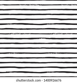 Stripe Line Brush seamless pattern in monochrome. Vector grunge background with black brush strokes. Hand drawn horizontal strip texture. Trendy marine style
