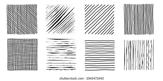 Lineare Stripe-Schlaganfall-Doodle handgezeichnet. Pen Sketch kratzt schwarze Tinte grungy Schreib Textur in vertikaler, horizontaler, Dichte und Steigung Linie. Grafikelement für Design, Vektorgrafik
