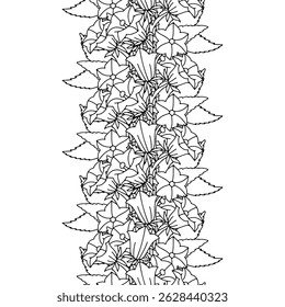 Stripe pattern with black and white line art canary islands flowers bellflower. Floral vertical seamless border with monochrome hand drawn millefleur style botanicals. Vector illustration