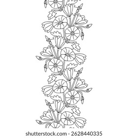 Patrón de rayas con arte de línea en blanco y negro flores de las islas canarias malva bindweed. Borde floral sin fisuras con botánicos de estilo millefleur dibujados a mano monocromáticos. Ilustración vectorial