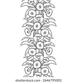 Padrão de faixa com preto e branco arte de linha canary ilhas flores Árvore Sonchus. Borda floral vertical sem emenda com mão monocromática desenhada millefleur estilo botânicos. Ilustração vetorial