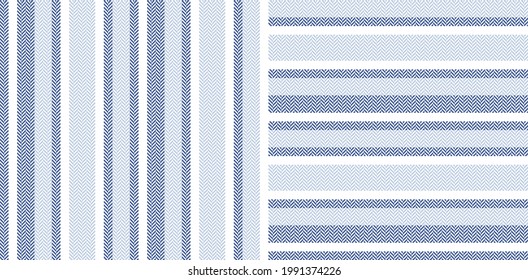 Stripe pattern in blue and white. Herringbone textured seamless vertical and horizontal lines background set for shirt, dress, skirt, trousers, other modern spring summer fashion textile print.