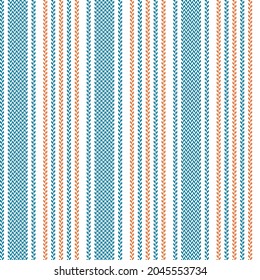 Stripe pattern in bright blue, orange, white. Herringbone textured vertical stripes background vector for shirt, dress, jacket, skirt, shorts, other modern spring summer autumn fashion fabric design.