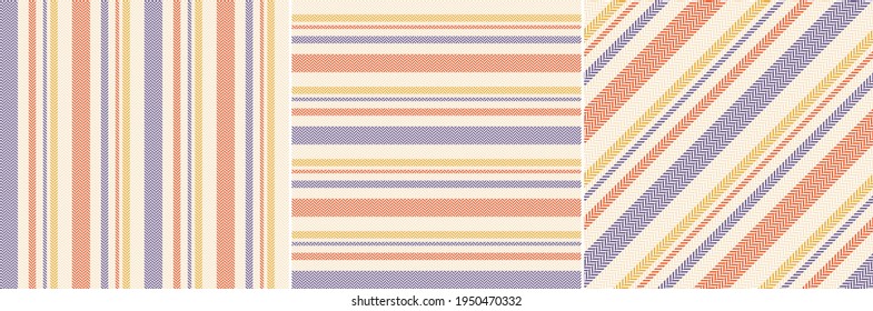 Stripe pattern colorful in purple, orange, yellow, beige. Seamless herringbone lines multicolored textired graphic for spring summer autumn dress, shirt, skirt, other modern textile or paper print.