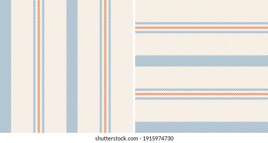 Stripe pattern herringbone background in blue, orange, off white. Seamless vertical lines graphic for spring, summer, autumn dress, trousers, shirt, pyjamas, or other modern fashion textile print.