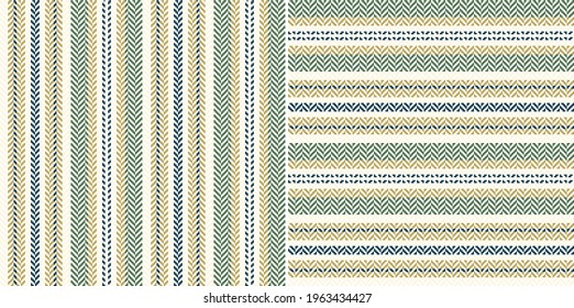 Stripe pattern herringbone in green and gold. Seamless horizontal and vertical spring summer autumn lines vector graphic background for dress, shirt, other modern everyday fashion textile print.