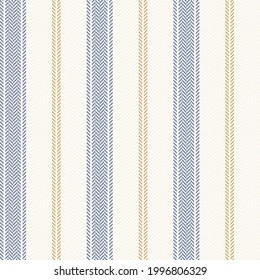 Stripe pattern with herringbone texture in blue, gold, off white. Seamless vertical lines background graphic for spring summer autumn dress, shirt, jacket, skirt, shorts, other modern textile print.
