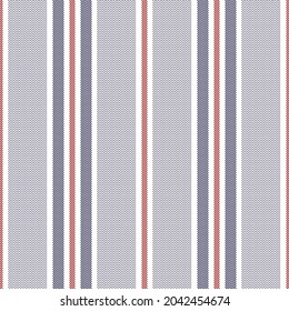 Stripe pattern with herringbone texture in navy blue, red, white. Seamless vertical large wide stripes for dress, skirt, trousers, shirt, other modern autumn winter fashion textile design.