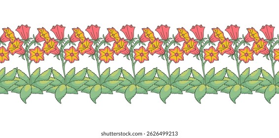 Stripe pattern with line art canary islands flowers bellflower. Floral horizontal seamless border with hand drawn millefleur style botanicals. Vector illustration