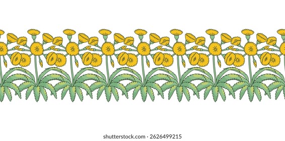 Patrón de rayas con arte de líneas de flores de las islas canarias Árbol Sonchus. Borde sin fisuras floral Horizontal con botánicos de estilo millefleur dibujados a mano. Ilustración vectorial