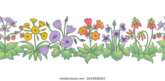 Padrão de listras com flores de ilhas canárias de arte em linha. Borda floral horizontal sem emenda com mão desenhada millefleur estilo botânicos. Ilustração vetorial