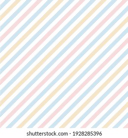 Stripe pattern in pastel blue, pink, yellow, white. Seamless light herringbone textured graphic for spring summer dress, skirt, shirt, pyjamas, or other modern Easter holiday fashion textile print.