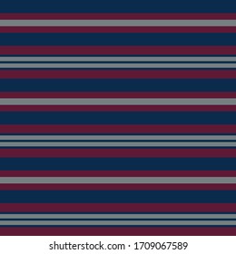 Stripe pattern seamless vector background in dark blue, bordo red, and grey for t-shirt, long sleeve shirt, trousers, or other everyday fashion textile design.