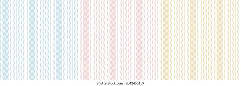 Stripe pattern set in blue, pink, white. Herringbone textured seamless vertical stripes background graphic vector for dress, jacket, shirt, skirt, other modern spring summer fashion fabric print.