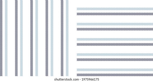 Stripe pattern set in blue and white. Herringbone textured seamless spring summer stripes graphic vector for dress, shirt, top, skirt, jacket, other cotton or linen modern fashion textile print.