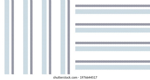 Stripe pattern set in blue and white. Herringbone textured seamless spring summer stripes graphic vector for dress, shirt, top, skirt, jacket, other cotton or linen modern fashion fabric print.