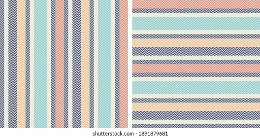 Stripe pattern set. Colorful herringbone textured backgrounds blue, orange, yellow, turquoise. Seamless graphics for spring, summer, autumn gift wrapping, fashion or home textile print.