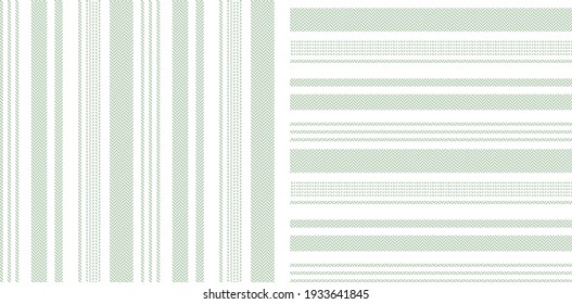 Stripe pattern set in green and white. Herringbone textured light asymmetric abstract backgrounds for spring summer dress, trousers, shirt, pyjamas, other modern everyday casual fashion textile print.