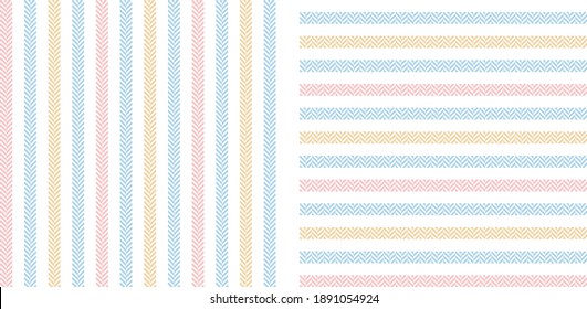 Stripe pattern set. Herringbone multicolored patterned seamless stripes in pastel blue, pink, yellow orange, white for gift paper wrapping, pyjamas, or other modern spring summer textile design.
