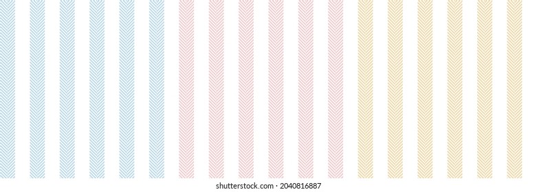 Stripe pattern set with herringbone texture in pastel blue, pink, yellow, white for Easter holiday prints. Seamless vector for shirt, dress, skirt, other modern spring summer fashion fabric design.