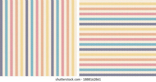 Stripe pattern set. Herringbone textured geometric background. Multicolored stripes in blue, red, orange, yellow, beige for dress, skirt, gift wrapping, other modern spring summer autumn textile.