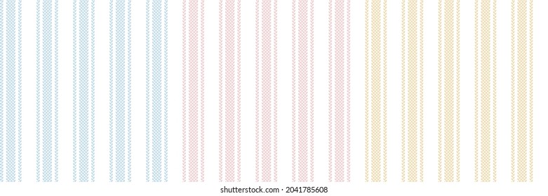 Stripe pattern set in pastel blue, pink, yellow, white. Herringbone textured seamless vertical stripes for dress, shirt, skirt, shorts, pyjamas, other modern spring summer fashion textile design.