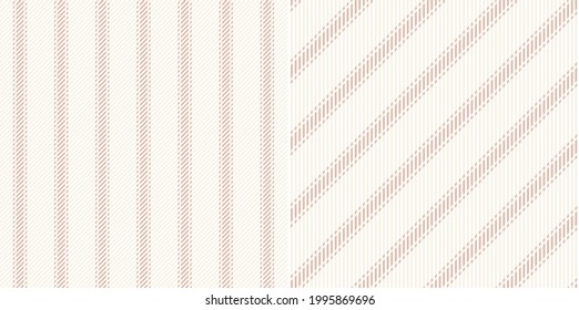 Stripe pattern set in pink, beige, white. Thin textured simple pin stripes background vector graphic for shirt, dress, shorts, skirt, other modern spring summer fashion textile design.