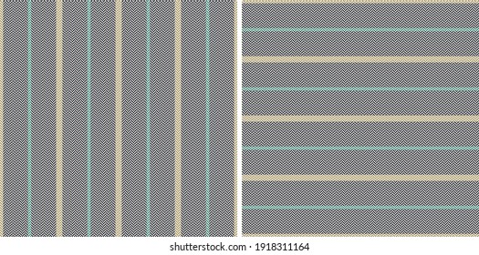 Stripe pattern set thin line textured dark background. Seamless herringbone slim tattersall stripes in black, green, gold for shirt, skirt, trousers, dress, other autumn winter fashion textile print.