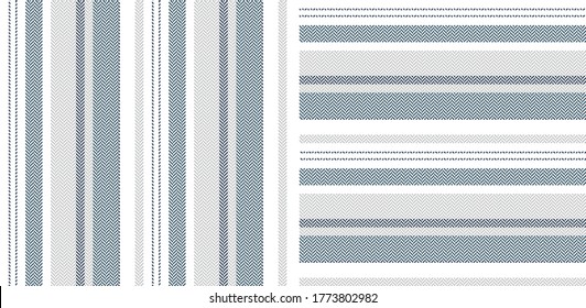 Set streeppatroon. Verticale en horizontale visgraatlijnen in blauw, grijs, wit voor kleding of andere moderne textielprint. Gestructureerd ontwerp.