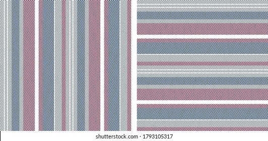 Stripe pattern set. Vertical and horizontal herringbone lines in blue, grey, red, white for dress or other modern fashion textile print. Textured design.