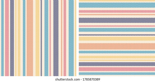 Stripe pattern vector. Colorful geometric herringbone textured vertical and horizontal various lines set for wallpaper, gift wrapping, notebook cover, or other textile or paper print.