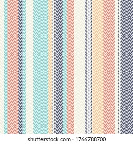 Stripe pattern vector. Multicolored textured herringbone vertical retro stripes in blue, turquoise, orange, yellow, off white for dress, trousers, shorts, wallpaper, or other summer textile print.