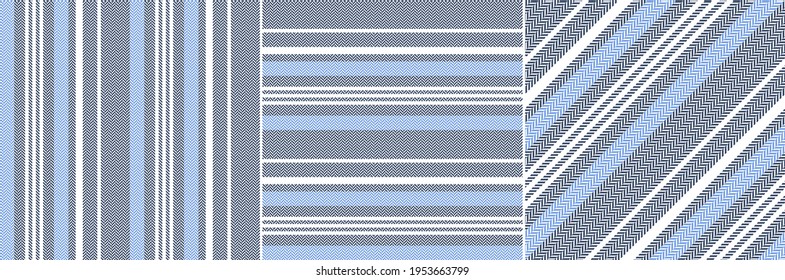 Stripe pattern vector in navy blue, bright blue, white. Seamless herringbone textured vertical, horizontal, diagonal dark bright stripes for autumn dress, shirt, trousers, other modern textile design.