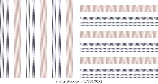 Stripe patterns in grey, pink, white. Herringbone textured geometric vertical and horizontal lines for spring and summer fashion or home textile print. Classic design.