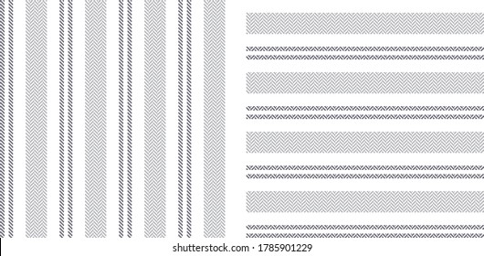 Stripe patterns in grey and white. Geometric herringbone textured vertical and horizontal lines for dress, shirt, or other modern spring and summer textile print.