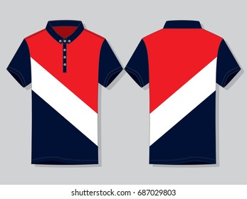 Stripe Polo Shirt Design Red/White/Navy With Small Placket.Front And Back Views.